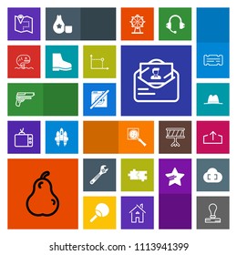 Modern, simple, colorful vector icon set with search, organic, magnifier, wash, firearm, seafood, food, map, puzzle, pear, pistol, envelope, weapon, fashion, upload, white, gun, dont, download icons