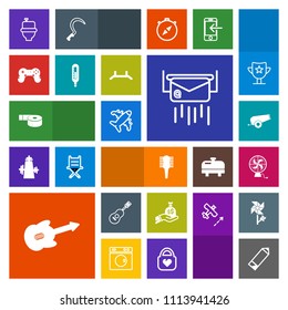 Modern, simple, colorful vector icon set with toilet, concert, money, joystick, music, wc, brush, mail, flight, business, airplane, fan, game, play, temperature, aircraft, sign, bathroom, plane icons