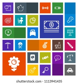 Modern, simple, colorful vector icon set with music, chart, blossom, drum, cutter, coin, graph, table, fire, message, bubble, musical, car, danger, bank, chat, cash, automobile, sign, floral icons