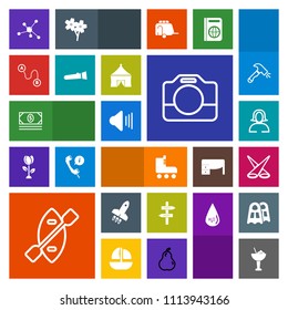 Modern, simple, colorful vector icon set with arrow, chemistry, film, woman, scene, young, video, camera, coin, backdrop, light, paddle, skate, drink, technology, cash, spotlight, canoe, leisure icons