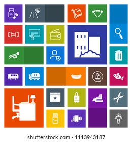 Modern, simple, colorful vector icon set with vitamin, bin, building, celebration, health, sea, food, alcohol, medical, trumpet, business, work, white, dinner, desk, garbage, trash, office, wine icons