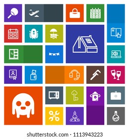 Modern, simple, colorful vector icon set with celebration, flag, glass, medicine, happy, headset, metal, microphone, tool, furniture, home, roof, interior, cabinet, support, wine, online, house icons