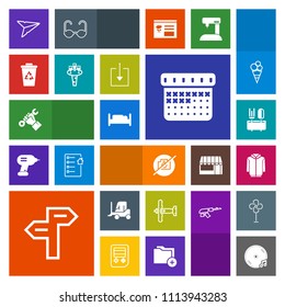 Modern, simple, colorful vector icon set with camera, message, email, plane, sound, calendar, furniture, no, foreman, garbage, spoon, arrow, double, send, day, war, photo, dinner, recycling, car icons