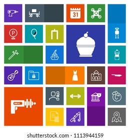 Modern, simple, colorful vector icon set with hand, balloon, personal, space, location, machine, task, weapon, travel, broom, cake, cleaner, kitchen, urban, , road, pin, dessert, wizard, drill icons