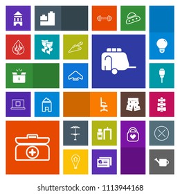 Modern, simple, colorful vector icon set with emergency, home, pub, nature, container, chair, forest, can, van, scan, equipment, interior, package, street, sky, gardening, cross, box, pack, aid icons