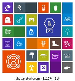 Modern, simple, colorful vector icon set with first, place, air, chocolate, marketing, electricity, lighthouse, light, lamp, post, mailbox, winner, record, meal, award, food, camera, equipment icons