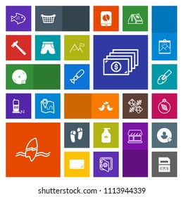 Modern, simple, colorful vector icon set with shovel, slipper, surfer, white, finance, bird, document, liquid, pigeon, cash, falling, sea, dvd, cd, disc, bomb, surfing, data, money, animal, surf icons