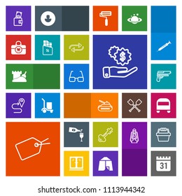 Modern, simple, colorful vector icon set with gun, transportation, transport, red, sand, schedule, tower, day, clean, old, alcohol, weapon, drink, tag, glass, health, door, war, bus, handgun icons