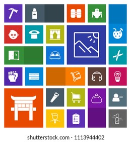 Modern, simple, colorful vector icon set with luggage, equipment, lightbulb, scenery, interior, market, airport, pruning, photography, torii, electricity, landscape, cart, bulb, bag, electric icons