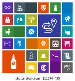 Modern, simple, colorful vector icon set with business, office, drink, spacecraft, game, road, strategy, torii, price, work, map, table, nature, technology, chess, fly, white, chessboard, space icons