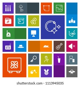 Modern, simple, colorful vector icon set with key, ufo, boy, sky, star, music, security, lock, computer, map, communication, route, location, bank, meat, safety, sound, scuba, person, sport, fun icons