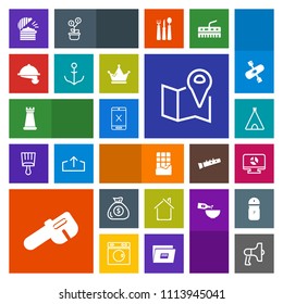 Modern, simple, colorful vector icon set with camp, hammer, pin, house, template, map, king, outdoor, cancel, location, banking, money, chocolate, piece, loudspeaker, infographic, loud, cord icons