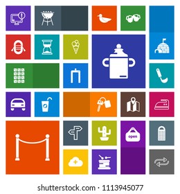 Modern, simple, colorful vector icon set with food, auto, cactus, xray, iron, monitor, milk, direction, nature, key, housework, chocolate, plastic, warning, kitchen, automobile, green, dessert icons