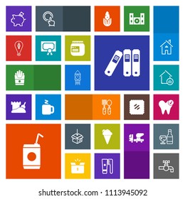 Modern, simple, colorful vector icon set with bathroom, spoon, restaurant, snack, file, faucet, dessert, fork, cream, coin, sweet, property, water, french, house, glass, office, tower, kitchen icons