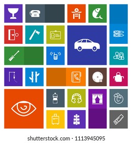 Modern, simple, colorful vector icon set with exit, body, audio, equipment, team, door, search, broom, people, move, hammer, eye, book, screwdriver, communication, business, bus, direction, saw icons