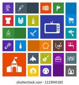 Modern, simple, colorful vector icon set with bathroom, bulb, fashion, laptop, music, faucet, musical, video, water, building, television, tv, lamp, remote, button, food, technology, wine, chef icons