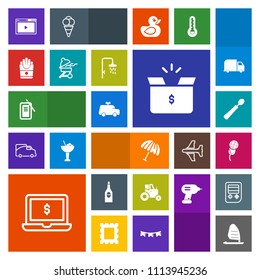 Modern, simple, colorful vector icon set with notebook, field, rain, sound, dinner, container, ocean, internet, weather, pack, drink, glass, red, web, alcohol, wind, tractor, tool, technology icons