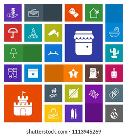 Modern, simple, colorful vector icon set with jar, space, rent, dont, bag, life, winner, background, electricity, travel, house, wash, globe, jam, award, luggage, sand, tree, earth, honey, plant icons