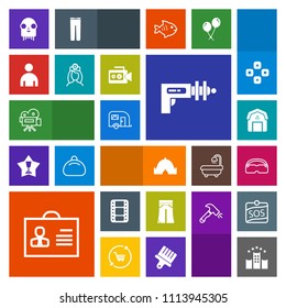 Modern, simple, colorful vector icon set with transportation, film, man, glasses, war, female, video, male, alien, hotel, ufo, internet, movie, pants, profile, weapon, camera, fiction, camp, van icons
