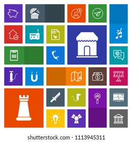 Modern, simple, colorful vector icon set with drum, game, phone, greek, greece, communication, musical, package, map, piece, medical, travel, cutlery, fork, mobile, clinic, shop, telephone, sale icons