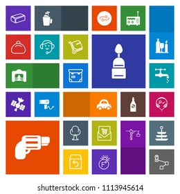 Modern, simple, colorful vector icon set with modern, technology, point, fireplace, landscape, fire, doughnut, car, tap, forest, water, warm, navigation, environment, gun, cake, bill, tree, food icons