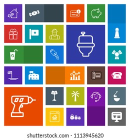 Modern, simple, colorful vector icon set with house, finance, trend, wc, drill, , property, technology, rocket, cart, business, fruit, machine, restroom, estate, sale, cold, toilet, home, music icons