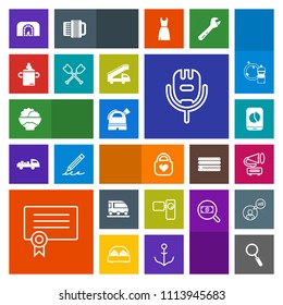 Modern, simple, colorful vector icon set with song, music, glass, movie, mobile, tripod, vehicle, style, home, gramophone, template, food, camera, grain, bottle, business, fire, microphone, milk icons