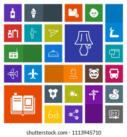 Modern, simple, colorful vector icon set with player, drink, chat, button, education, equipment, sound, textbook, child, message, table, astronomy, bottle, bus, music, kid, interface, star, bulb icons
