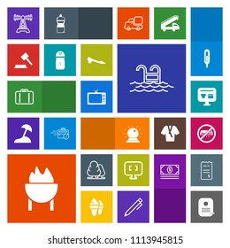 Modern, simple, colorful vector icon set with food, meat, salt, landscape, bag, judge, tree, luggage, computer, summer, pool, music, pepper, nature, conditioner, internet, airport, radio, magic icons