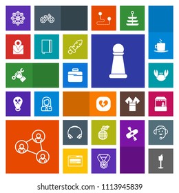 Modern, simple, colorful vector icon set with game, restaurant, audio, fire, bottle, explosion, wine, power, technology, music, nautical, chess, communication, screen, rudder, piece, wheel, shop icons