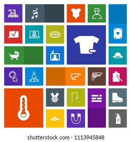 Modern, simple, colorful vector icon set with baby, kid, dental, sign, fashion, pool, technology, weapon, communication, thermometer, shirt, medicine, health, water, winner, gun, tv, video, war icons
