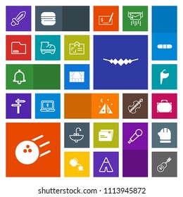Modern, simple, colorful vector icon set with roller, blade, knight, bag, sound, bowling, paper, theater, style, guitar, file, fashion, sport, travel, sink, bathroom, camp, music, concert, sword icons