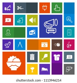 Modern, simple, colorful vector icon set with vehicle, website, cleaner, pistol, gramophone, bill, finance, music, human, astronaut, exploration, agriculture, building, money, summer, financial icons