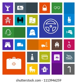Modern, simple, colorful vector icon set with cap, domestic, emergency, money, laboratory, call, cocktail, microphone, bike, hat, drum, circus, drink, plastic, gun, debit, dessert, game, summer icons