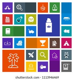 Modern, simple, colorful vector icon set with dove, search, old, adventure, education, leaf, grass, fashion, lawn, glass, well, food, technology, spaceship, modern, mower, palm, nature, garden icons
