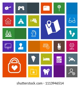 Modern, simple, colorful vector icon set with house, cream, tree, leaf, location, horse, cash, sweet, landscape, travel, account, hotel, object, bed, strategy, slipper, chess, coin, palm, bank icons