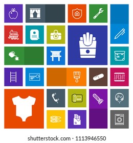 Modern, simple, colorful vector icon set with child, clothing, fruit, call, business, machine, baby, brush, housework, clothes, travel, organic, laundry, drink, cup, apple, paint, telephone, tea icons