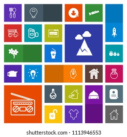 Modern, simple, colorful vector icon set with tipper, laboratory, restaurant, dumper, radio, cherry, property, mountain, vehicle, audio, dump, truck, key, architecture, building, drink, house icons