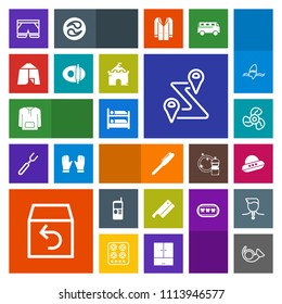 Modern, simple, colorful vector icon set with air, jazz, musical, route, pen, tent, ufo, jacket, ventilator, mobile, white, phone, cell, map, box, meat, trumpet, cool, vintage, location, hotel icons