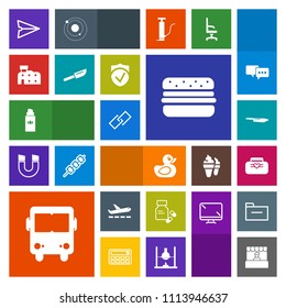 Modern, simple, colorful vector icon set with food, internet, airplane, transport, email, grocery, vitamin, architecture, style, travel, airport, rubber, link, web, medical, knife, house, object icons