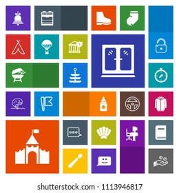 Modern, simple, colorful vector icon set with meat, dinner, castle, cooking, finance, jacket, tent, sign, coin, nutrition, grill, interior, travel, notification, sea, plate, furniture, plastic icons