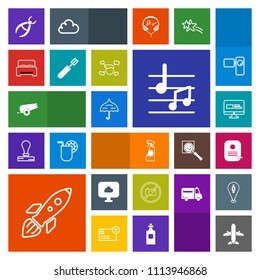 Modern, simple, colorful vector icon set with airplane, rain, shuttle, kitchen, umbrella, travel, cloud, identity, white, housework, open, note, boy, gun, launch, protection, bed, sign, website icons