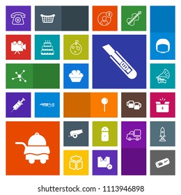 Modern, simple, colorful vector icon set with bedroom, molecule, seasoning, flight, music, chemistry, cell, mobile, video, projection, technology, pin, food, cannon, bed, gramophone, package icons