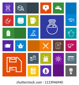 Modern, simple, colorful vector icon set with tool, music, time, musical, life, samurai, buoy, computer, military, air, technology, parachute, kettle, drum, kitchen, instrument, weapon, drink icons