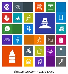 Modern, simple, colorful vector icon set with palette, geography, list, astronaut, food, doctor, ringing, cooking, paint, world, spaceship, home, house, pan, spray, nurse, travel, favorite, art icons