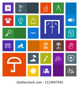 Modern, simple, colorful vector icon set with hair, island, clock, palm, delivery, glass, necklace, sand, security, order, housework, hairdresser, timer, hour, paint, wash, thermometer, box, car icons