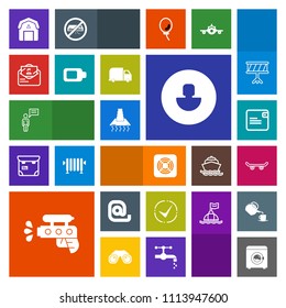 Modern, simple, colorful vector icon set with play, air, battery, mail, profile, person, game, purse, dollar, skate, avatar, pistol, gun, envelope, farming, music, money, wash, cooking, board icons