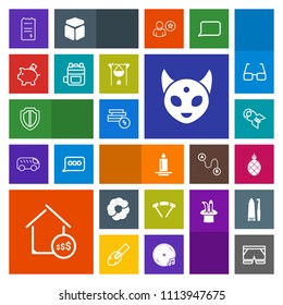 Modern, simple, colorful vector icon set with alien, extreme, fiction, dessert, war, price, shield, decoration, ufo, doughnut, bomb, weapon, shorts, security, finance, template, monster, protect icons