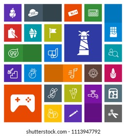 Modern, simple, colorful vector icon set with mask, ocean, fresh, light, cutlery, cake, speech, game, tune, computer, sweet, joystick, dessert, lighthouse, corn, web, beacon, bubble, water, play icons