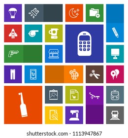 Modern, simple, colorful vector icon set with frame, revolver, hand, market, laptop, shopping, weapon, hot, rocket, white, military, air, grenade, pc, communication, old, telephone, electric icons